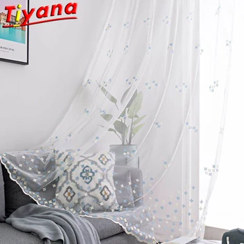 

Geometric Embroidery Blue Square Tulle for Living Room Nordic Minimalist Sheer Volie for Balcony Kichen X-HM463#30