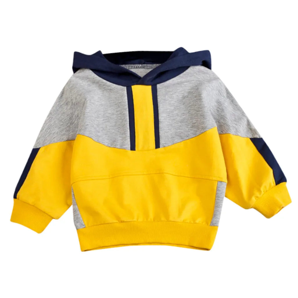Осенняя одежда для маленьких мальчиков хлопковая толстовка с капюшоном и длинными рукавами спортивные пуловеры с цветной строчкой топы, одежда# p4 - Цвет: Цвет: желтый