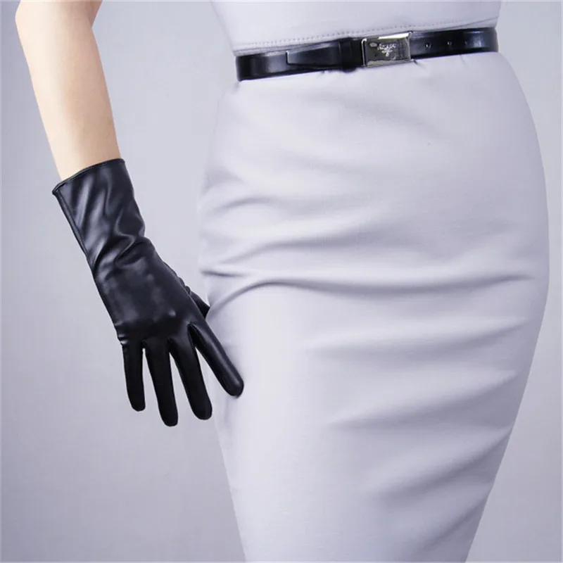 black touch 28 см сенсорный экран теплые перчатки средней и длинной секции из искусственной кожи пу яркая лакированная кожа Ярко-белый PU110 - Цвет: black touch