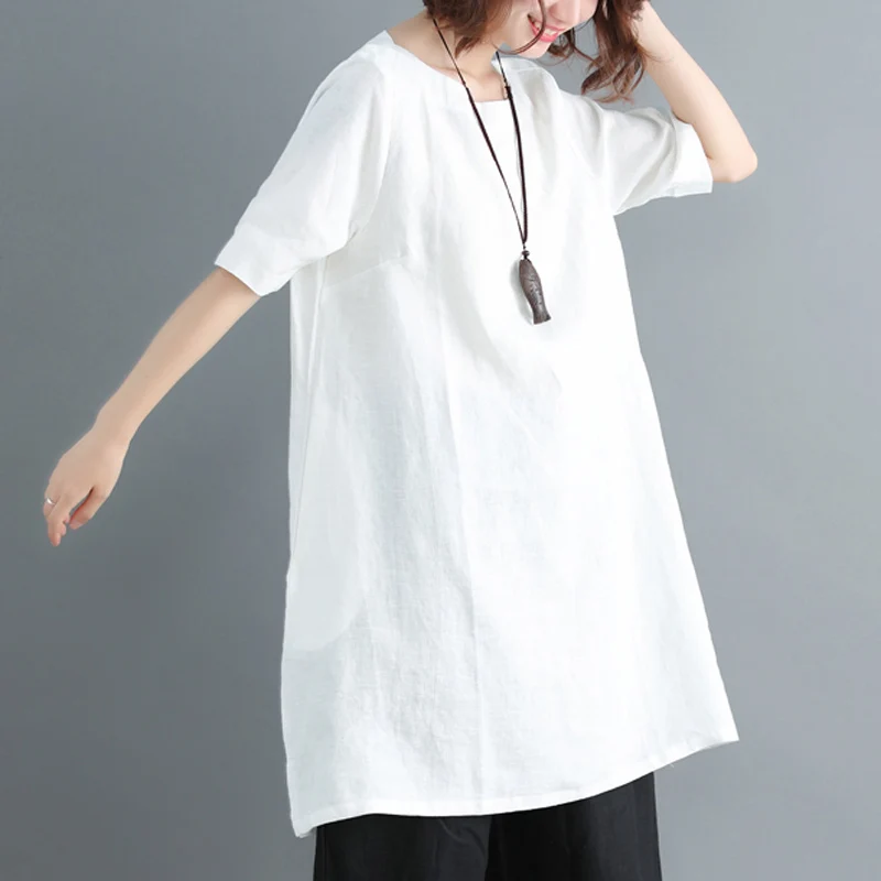 Летние белые повседневные топы больших размеров L-XXL, женские фиолетовые хлопковые свободные футболки, модные льняные топы с круглым вырезом, женские футболки