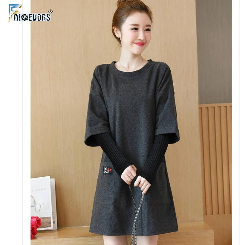 

New Arrival Autumn 2019 American Style Women Fashion Acrylic Faux Two Piece Loose Plus Size Knitting Letter Printing Hairy Dress