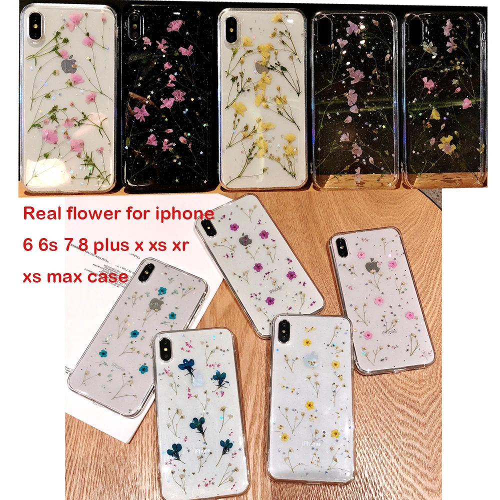 

For iphone XR XS Max Cover Real Flowers Dried Flowers Transparent Soft TPU Cover For iPhone X 6 6S 7 8 plus Phone Case Coque