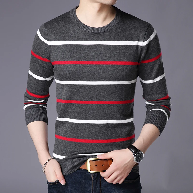 Осень зима мужской свитер с круглым вырезом в полоску Slim Fit Knitt мужские свитера модные повседневные Пуловеры Мужская брендовая одежда