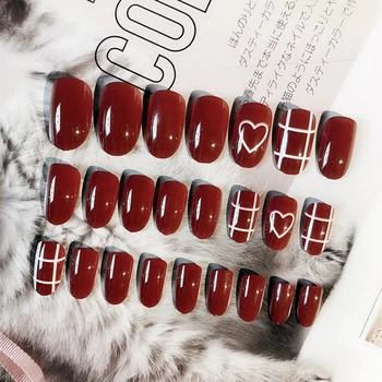 

24pcs with Designed False Nail Artificial Tips for Decorated Press on Wine Red Fake Nails Art Extension Stiletto Tips Finger