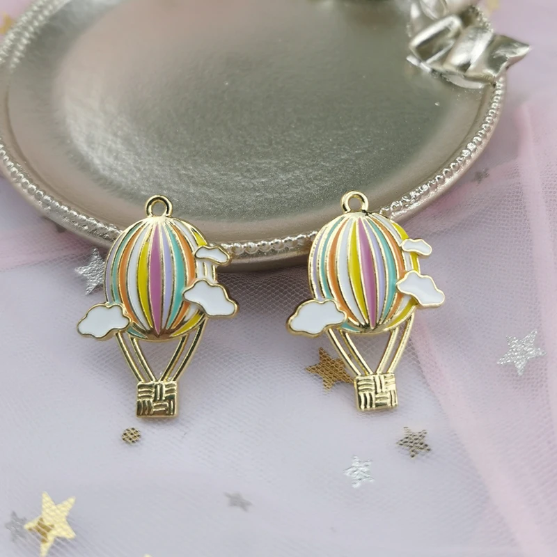 

10pcs Colorful Hot Air Balloon Enamel Metal Charms Pendants Fit DIY Earring Bracelet Dangle Jewelry Make Craft Gold Base 24*31mm