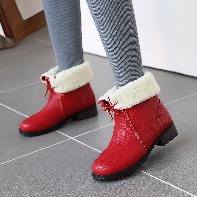 

Winter warm plush snow boots fashion bowknot lace-up black yellow red low heel chunky ankle boots women's shoes big size