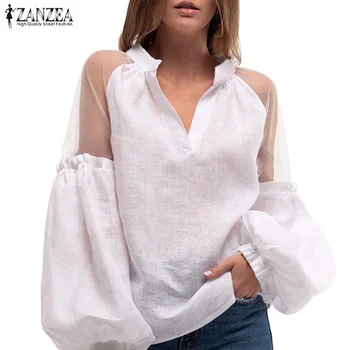 

ZANZEA 2020 Patchwork Lace Shirts Fashion Women Sexy Lantern Sleeve Blouse Work Office OL Shirt Loose Chemiser Mujer Plus Size 7