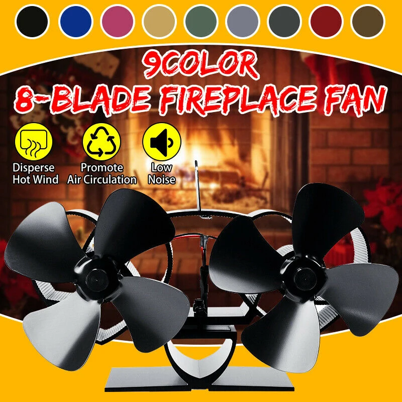 

Double-Head Stove Fan Wood Burner 5 Inch 8-Vane Thermal Heat Power Fireplace Anodized Aluminum High Quality