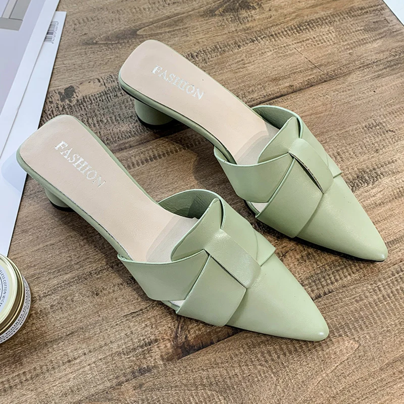 

Ladies Sexy Pointed Toe High Heel Slippers Summer Leather Designer Womens Slippers Outdoor Black Green Fashion Mules Shoes Women