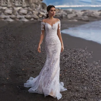 

Illusion O Neck Mermaid Long Sleeve Wedding Dresses Appliques Lace Custom Made Bridal Gowns Illusion Button Back 2020