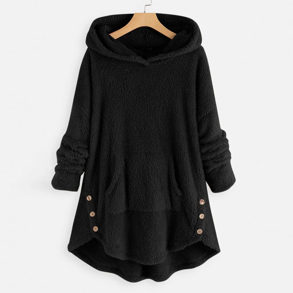 

Thin Wool Blend Coat Women Button Fleece Coat Fluffy Outwear Jacket Casual Hooded Pullover Loose Sweater Plus Size Hoodie