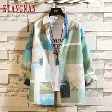 KUANGNAN Япония стиль мужская клетчатая рубашка уличный с короткими рукавами рубашка мужская мода 5XL мужская рубашка осень новая