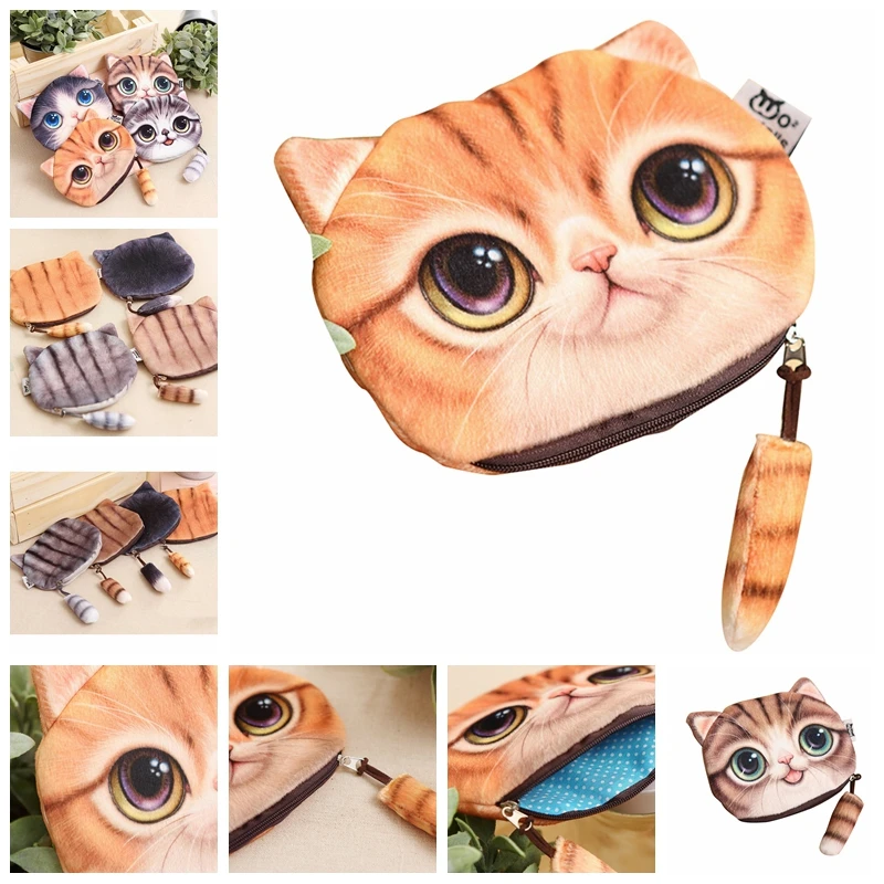 1 шт. 13*16 см 3D Kawaii кошка лицо Женщины Девушки плюшевый Кошелек Чехлы Милая монета с изображением животного кошелек
