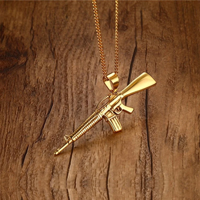 Ожерелье с золотыми дужками из нержавеющей стали, Мужская цепочка с подвеской в виде пистолета, большое ожерелье с пулеметом, мужские ювелирные изделия в стиле панк на шею в стиле хип-хоп