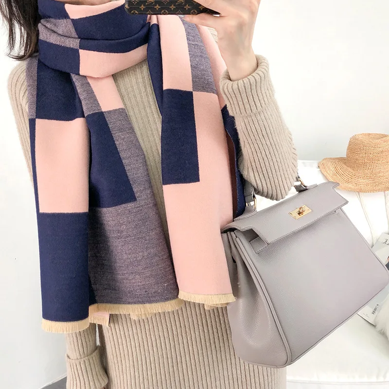 Thick Cashmere Women Winter Scarf Solid Plaid Female Pashmina Scarves Shawls and Wraps Luxury New