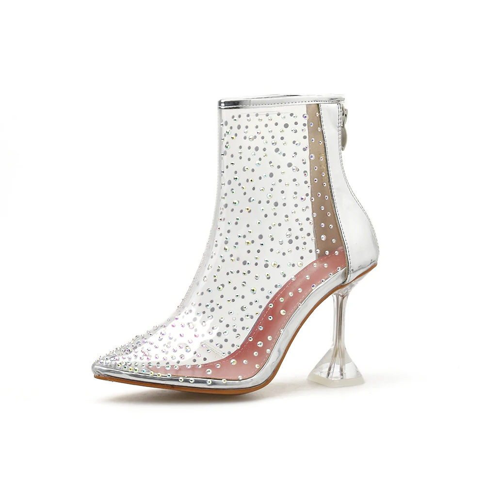 

CJDLY 2020 Transparent Women's Ankle Boots Zipper Thin Heels Pointed toe Platform For Ladies Rhinestone Footwear Women's Shoes