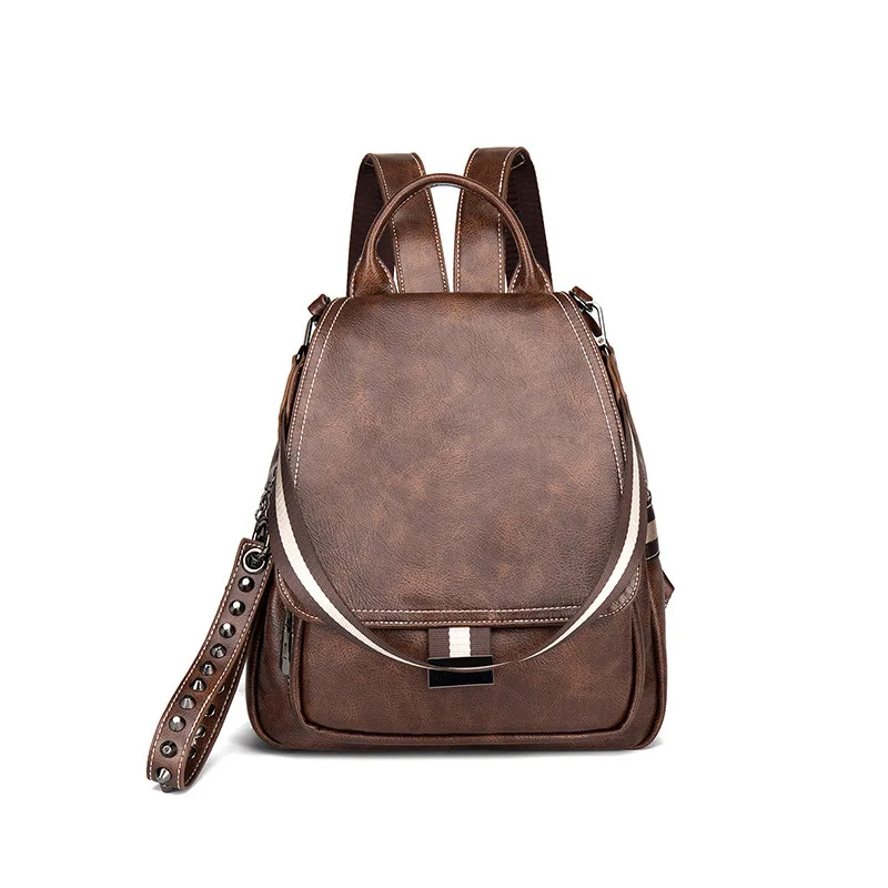 

Oil Wax Soft Leather Women Backpack Vintage Shoulder School Bag Rivet Belt Multi-Function Small Bag Knapsack For Ladies Female