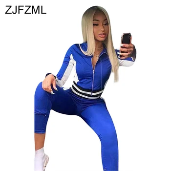 

Color Block Spliced Two Piece Tracksuit Women Clothes 2020 Front Zipper Long Sleeve Jacket And Skinny Pant 2 Piece Matching Suit