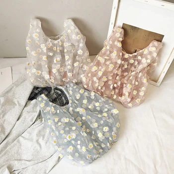

Women Small Transparent Tote Mesh Cloth Bag Daisy Embroidery Handbag Cute Flower Tulle Fruit Bag Purse Shopping Bag