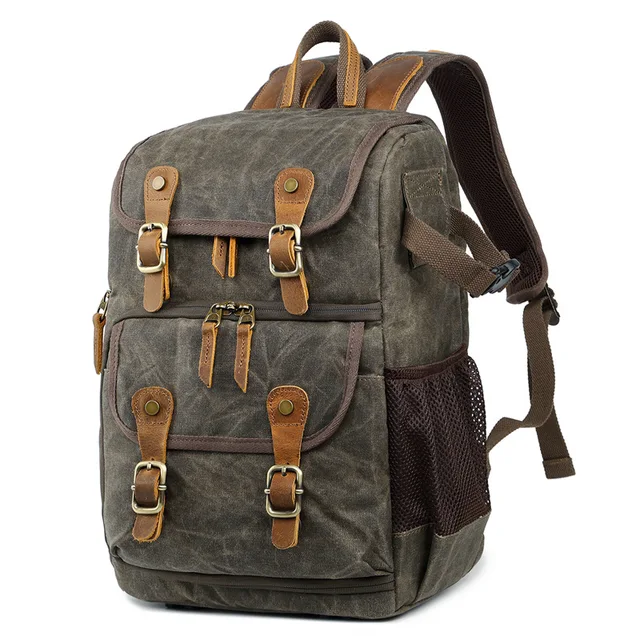 Color : Green XIAMEND Canvas Leather Backpack Anti-Shock SLR//DSLR Camera Bag Professional Camera Bag Waterproof Camera Rucksack for Travel Hiking Outdoor