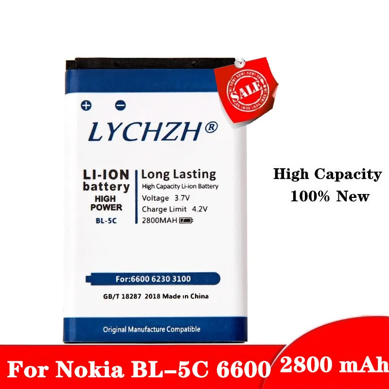 

2019 Original BL5C BL-5C BL 5C Battery For Nokia 1100 1110 1200 1208 1280 1600 2600 2700 3100 3110 5130 6230 6230i n70 2800mAh