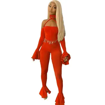 

Sexy Club Backless Neon Rompers Womens Jumpsuit Flare Sleeve Bodycon Overalls Ruffle Halter Slash Neck Bodysuits