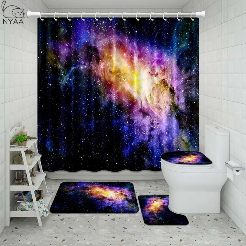 72x72" Galaxy Universe Bathroom Polyester Fabric Shower Curtain Mat 12Hook 1561 