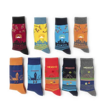

PEONFLY Harajuku Style Combed Cotton Colorful Socks Men Creative Famous City Art Happy Socks Casual Funny Party Dress Crew Socks