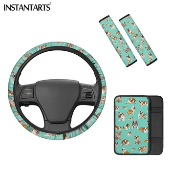 

INSTANTARTS Newest Car Interior Accessories Set Animal Pug Pattern Seat Belt Cover Soft Steering Wheel Package Accessories Gifts