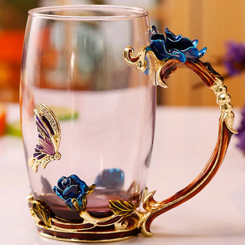 Эмаль кофе чай чашка кружка 3D Роза бабочка стеклянные чашки свадебный подарок E2S