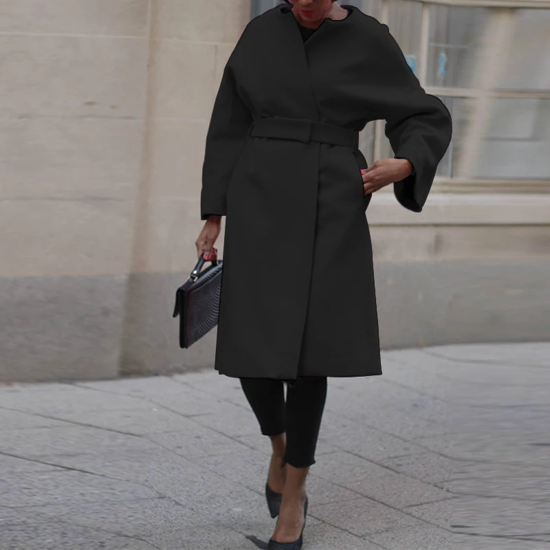 Женское пальто, зимнее теплое однотонное пальто, ZANZEA, женская верхняя одежда, куртки с поясом, длинные пальто, Chaqueta Mujer Casaco Femme 5XL - Цвет: Черный