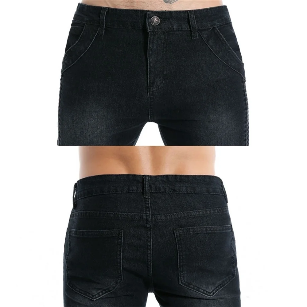 EH · MD® Stitching Jeans Men's Skin-tight Washed Slim-fit Three-dimensional Pleated High-elastic Solid Color Small Feet Black