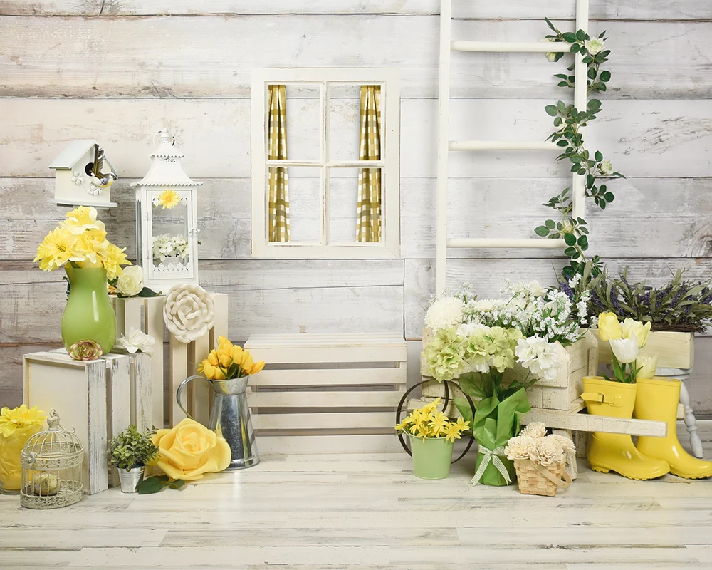 

Spring Landscape Backdrop Yellow Roses Flowers olive-green Vase Background Easter Party Banner Kids Portrait Photo Studio Poster