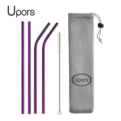Premium Reusable Stainless Steel Drinking Straw Set with Cleaning Brush & Pouch (Purple bag)