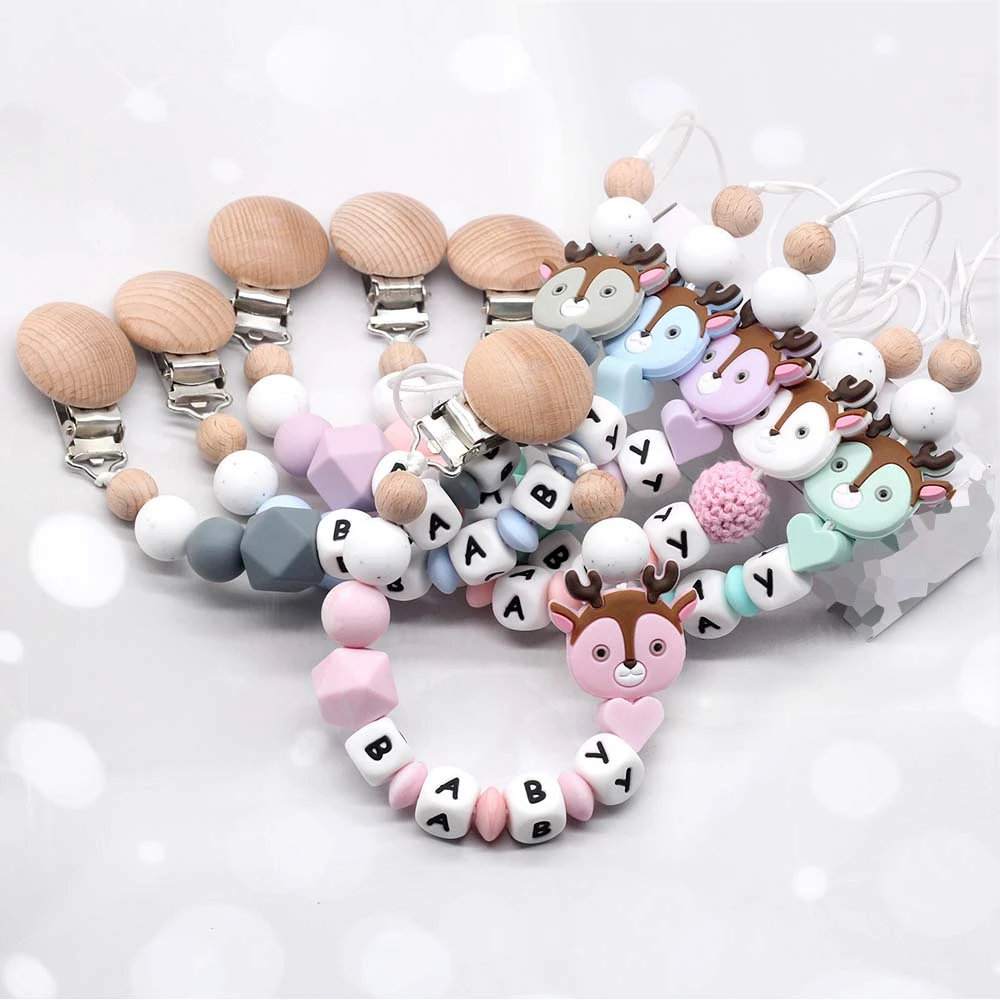 

DIY Baby Teething Toy Personalized Name Pacifier Chain Silicone Beads Pacifier Clip Cartoon Deer Head Chew Teether Dummy Clips