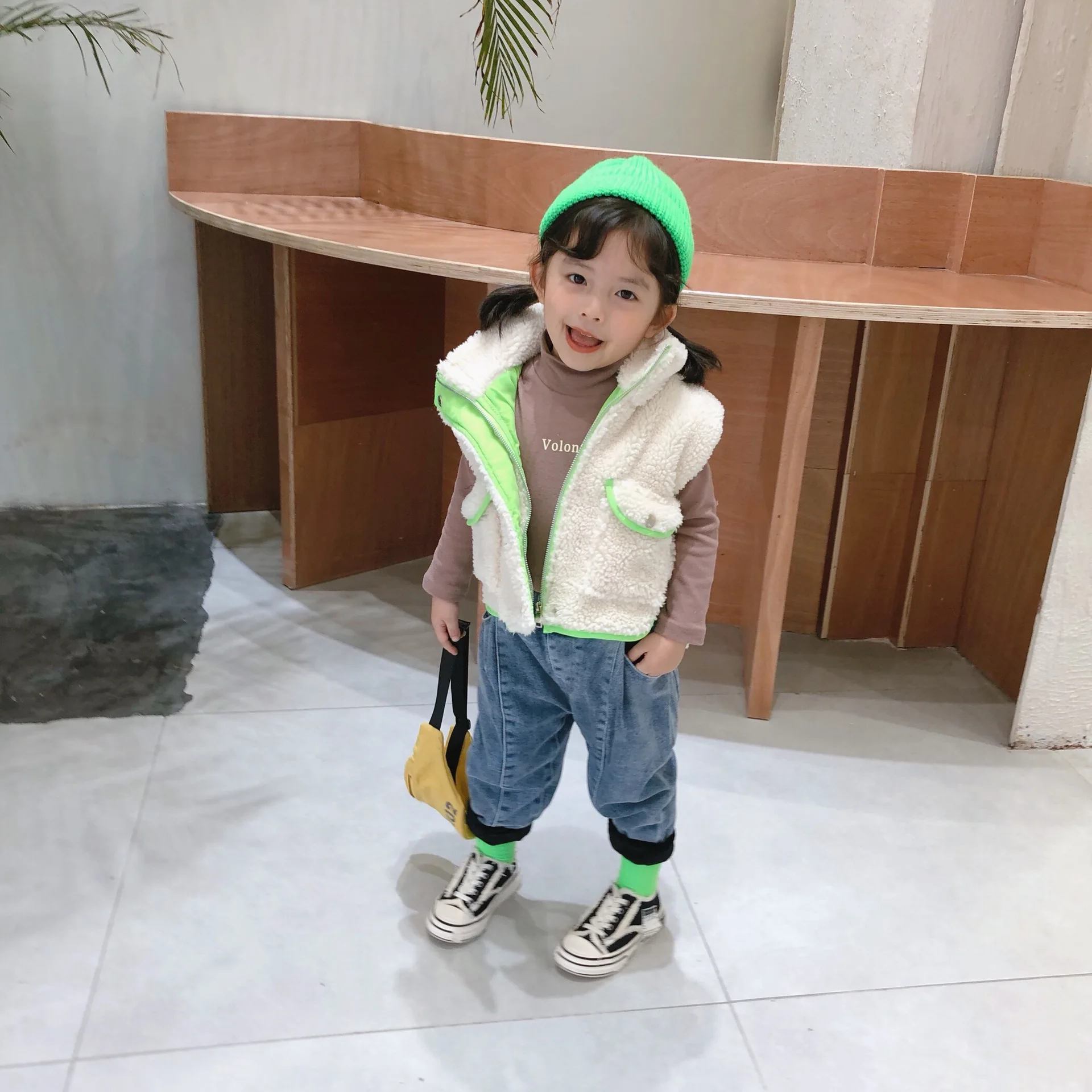 WLG boys girls winter vest kids green orange turn down collar zipper vest baby casual all match clothes 2-7 years