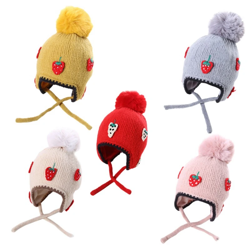 5 Colors Cute Baby Hat with Strawberry Knitted Winter Bonnet Infant Baby Cap Solid Kids Hats for Boys Girls 6-24M