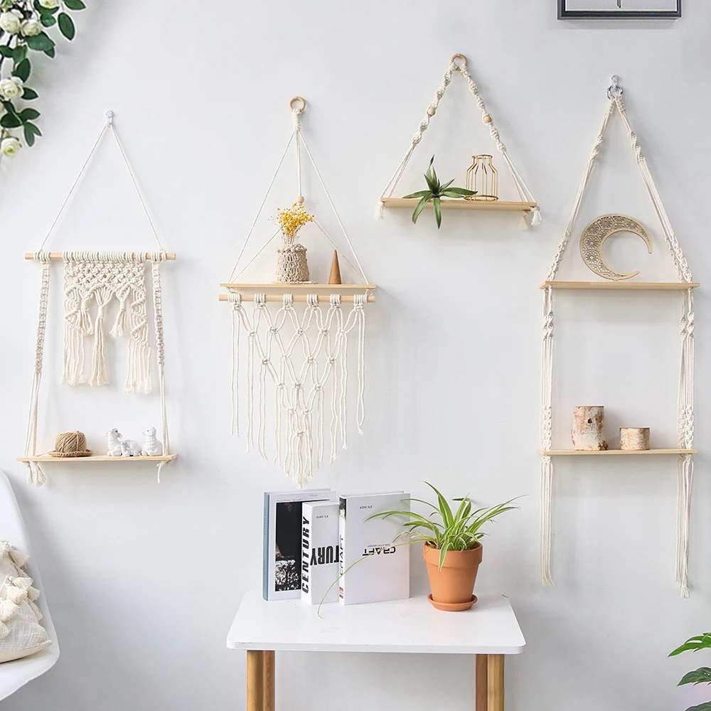 Hanging Shelf Floating Shelves Wall Decor set of 2 W/ Hooks Reclaimed Wood  Shelving Macrame Rope Swing Triangle Bathroom Storage Farmhouse 