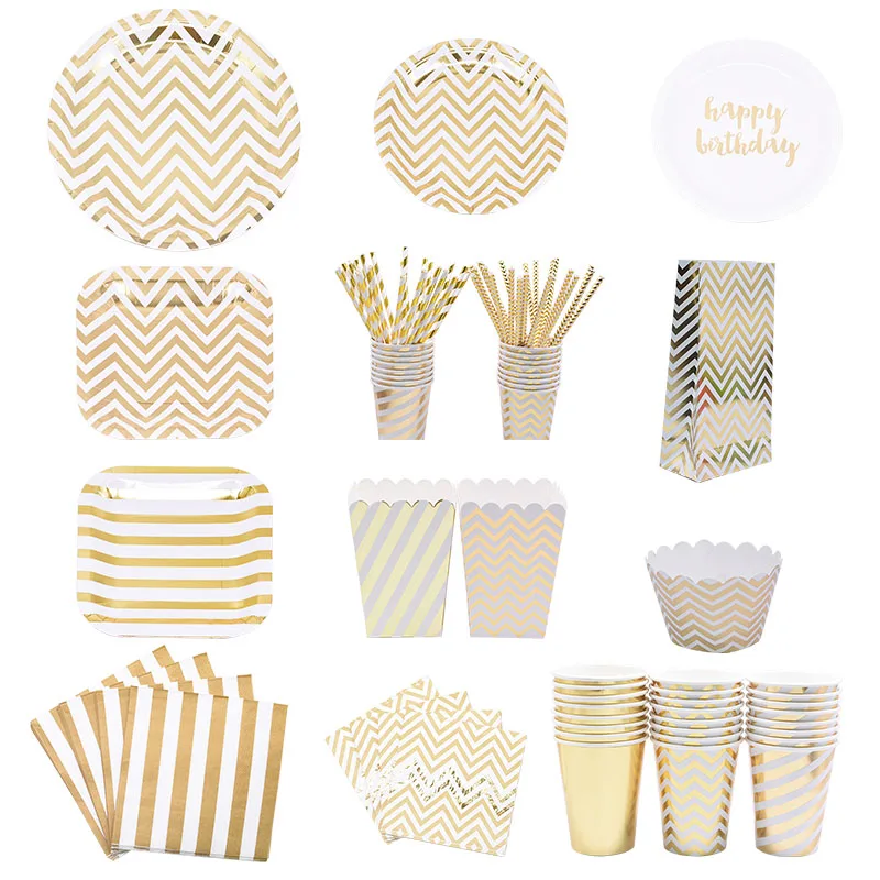 

Gold Striped Happy Birthday Plates/Cups/Drinking Straws/Napkin/Bag Disposable Party Tableware For Xmas Wedding Party Decoration