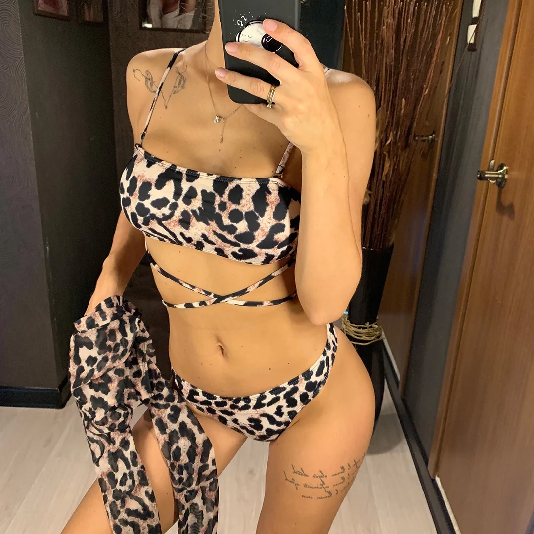 Sexy Leopard Bikini Long Sleeve Swimsuit Female Women Swimwear Three-pieces Bikini set Bather Bathing Suit Swim Wear V1583