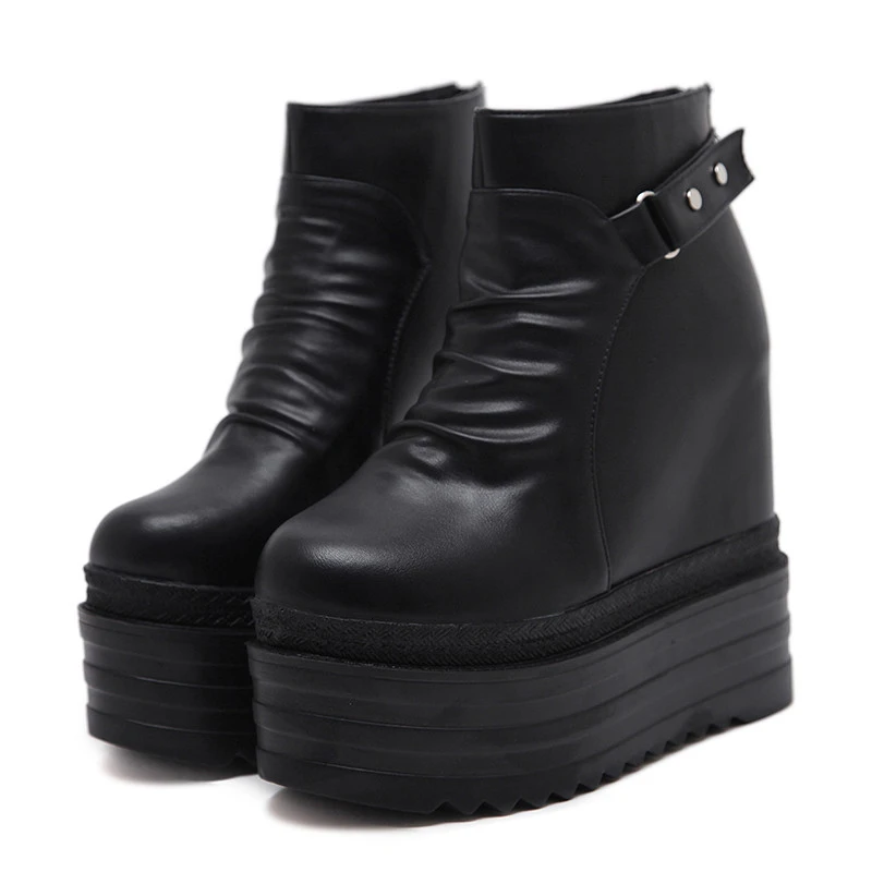 

2019 Women Platform Ankle Boots High Increasing Heels Casual Femal Shoes Zipper Open Metal Rivet Accessories Women Shoes