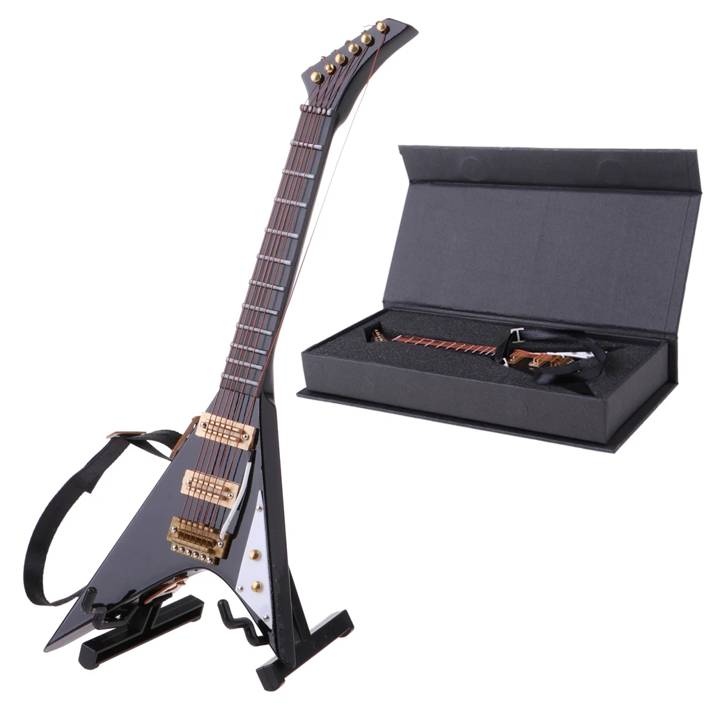 1/6 Scale Miniature Musical Instrument Model Come With Stand & PU Box for Action Figures Dolls Accessory-Wooden V Guitar Model