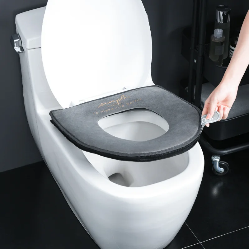 Toilet Seat Cover with Zipper Pads, Washable Toilet Lid Cover with Lifter Soft Velvet Plush Cloth, Warm Pad Cushion for Bathroom