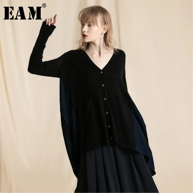 

[EAM] Panelled Pleated Button Knitting Puffover Loose Fit V-Neck Long Sleeve Women New Fashion Tide Autumn Winter 2019 JZ073