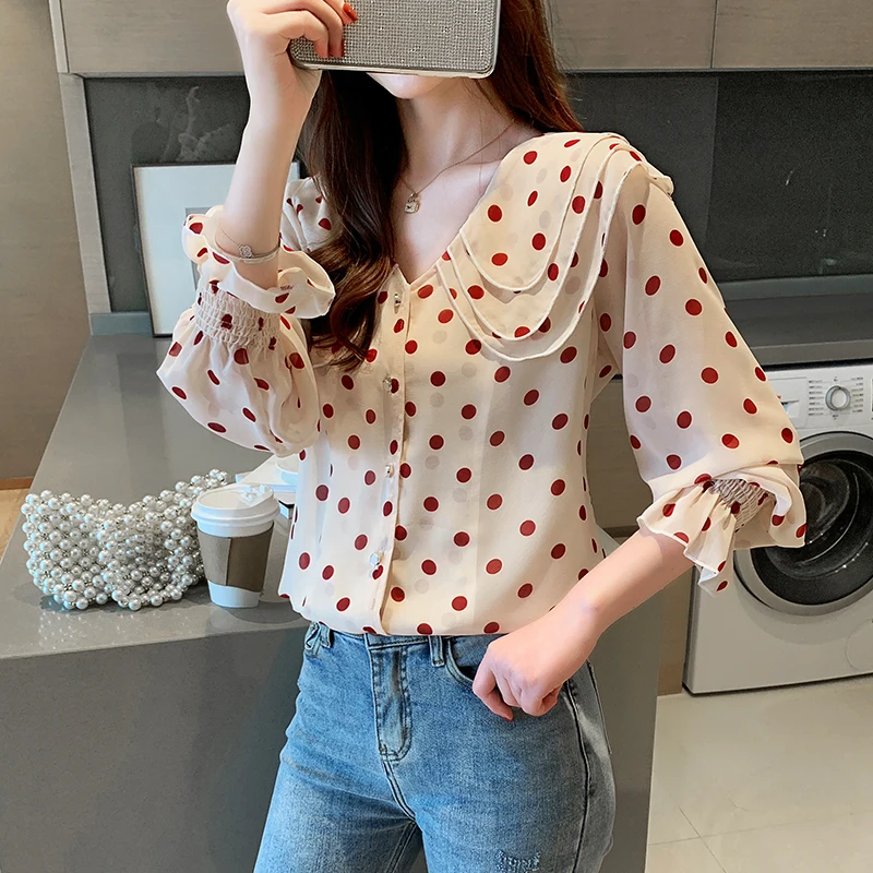 

COIGARSAM Office Lady Shirt Womens tops New Spring Patchwork Print Polka Dot Full Sleeve Chiffon Loose Women shirts 6807