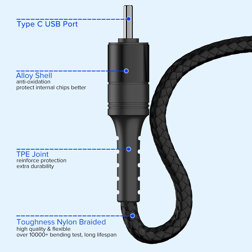 1 м usb type-C Кабель нейлон QC3.0 Быстрая зарядка type-C телефонный шнур для Honor 20 V10 10 Pro 5A супер зарядка USBC Кабо Для huawei P30