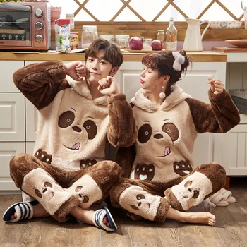 

Flannel Unisex Adult Pajama Sets Winter Warm Couple Pajamas Male Long Sleeve Sleepwear Suit Cartoon Animal Cute Party Homewear