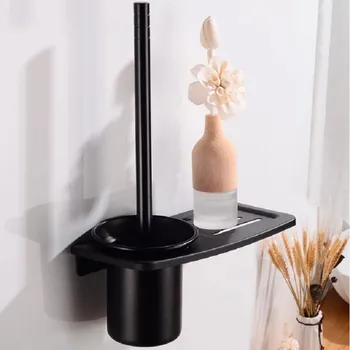 

Toilet Brush Holder Black Aluminum Detachable Toilet Brush Holder Set with Shelf Wall Mounted Bath Cleaning Tool Brush Holder