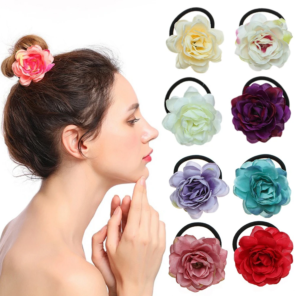 

New Design Classic Flower Scrunchies Girls Women Elastic Floral Hair Ropes Rubber Band Hairbands Flower Scrunchy