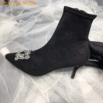 

Winter New 2019 Short Ankle Boots Women Pointed Toe Side Zip Elegant Lady Botas Bling Flowers Crystal Buckle Bottes Femme Black